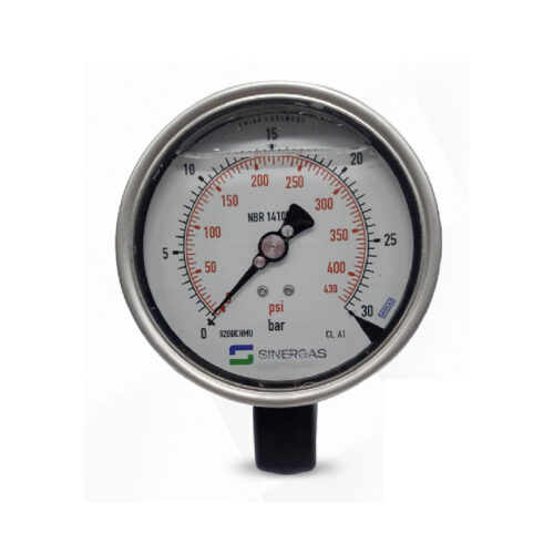Manômetro 100mm 0-30 BAR x PSI 1/2 NPT Inferior
